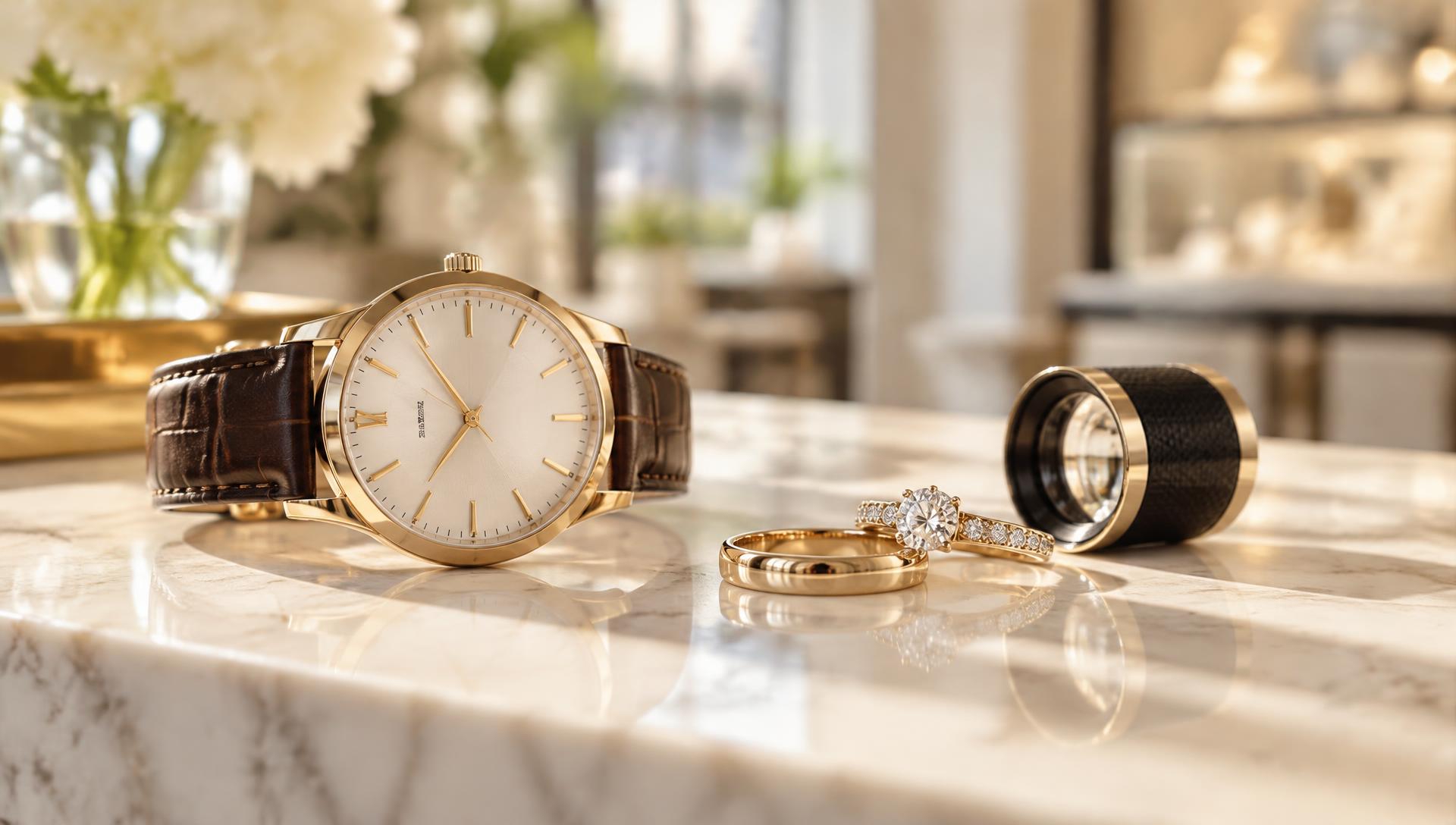A gold wristwatch, rings and a jeweler's loupe on a marble counter