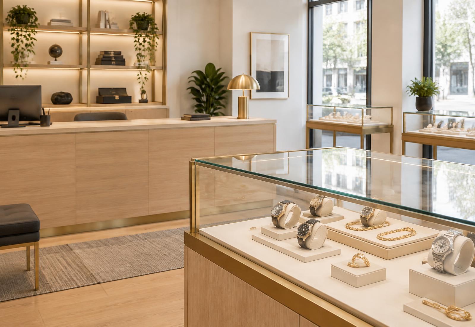 Bright shop interior with a glass display case of watches and jewelry